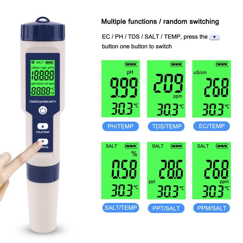 5 in 1 PH Meter Gomass 0.01 High Accuracy ph Tester Digital for Water TDS/EC/Salt/Temp/PH Pen, PPM Meter Water Tester Drinking Water, Hydroponics, Plants, Aquarium and Pool