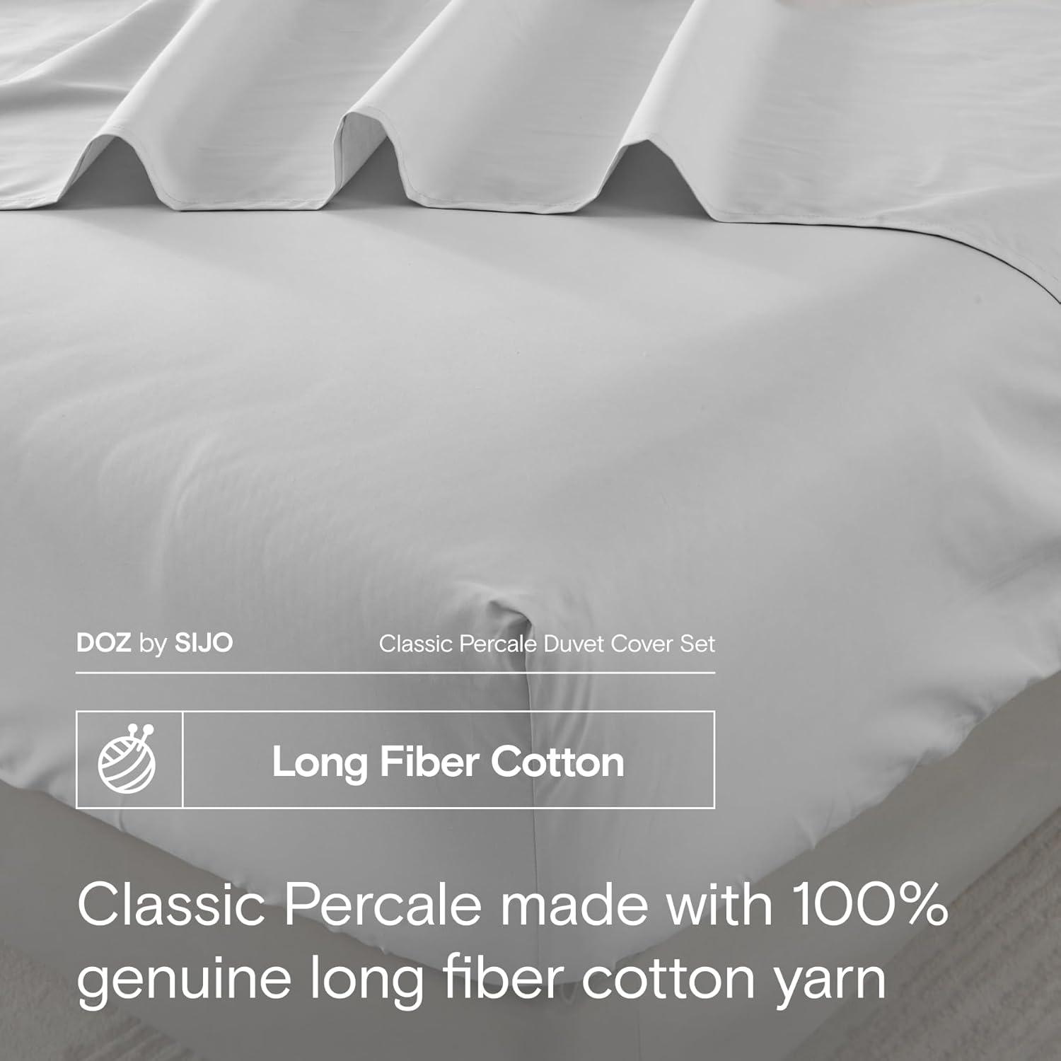 DOZ Long Staple Cotton Duvet Cover Set, Crisp Percale Weave, Breathable, Matte Finish, Durable, Hotel Comfort, 8 Loops