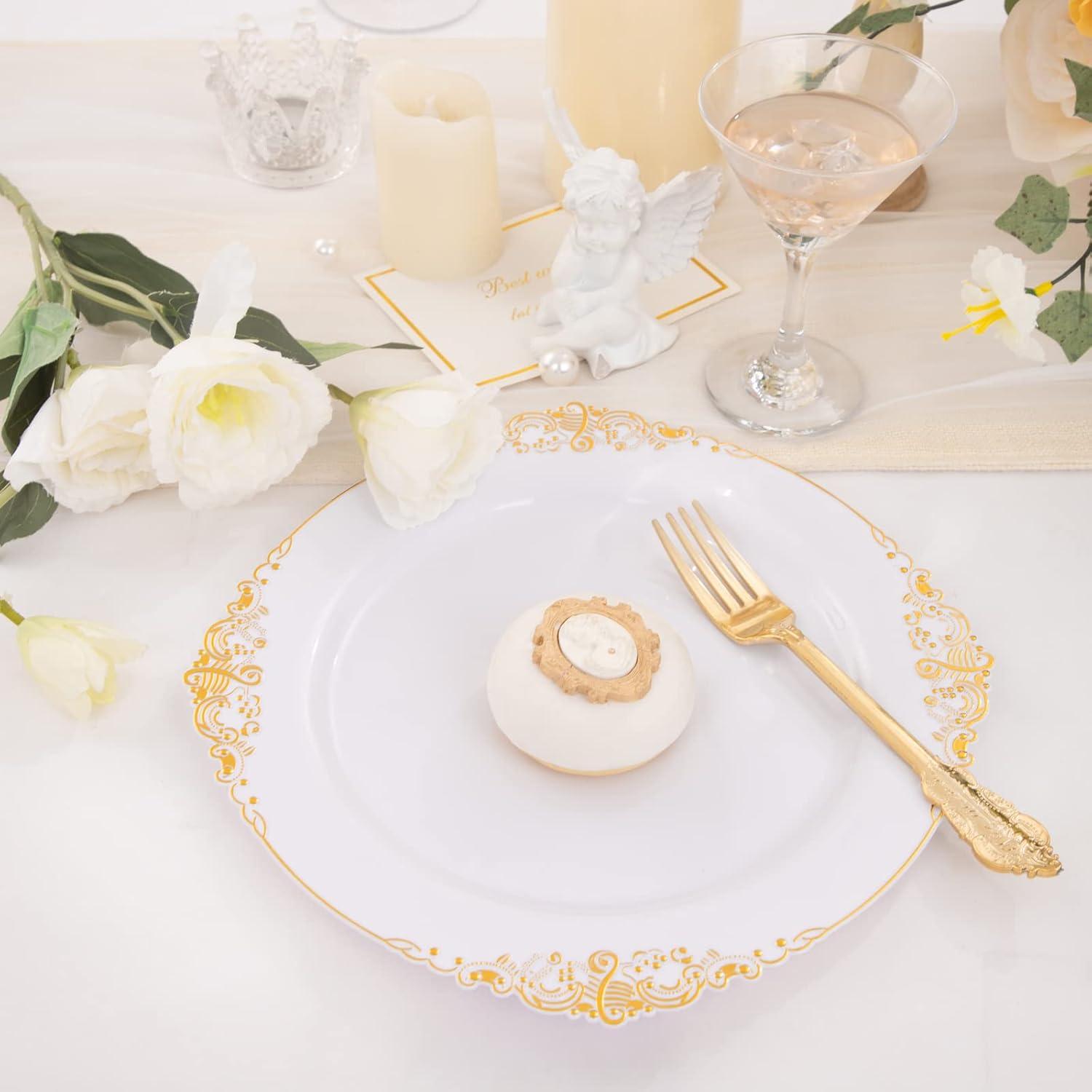 Elegant White and Gold 10.25" Plastic Dinner Plates Set