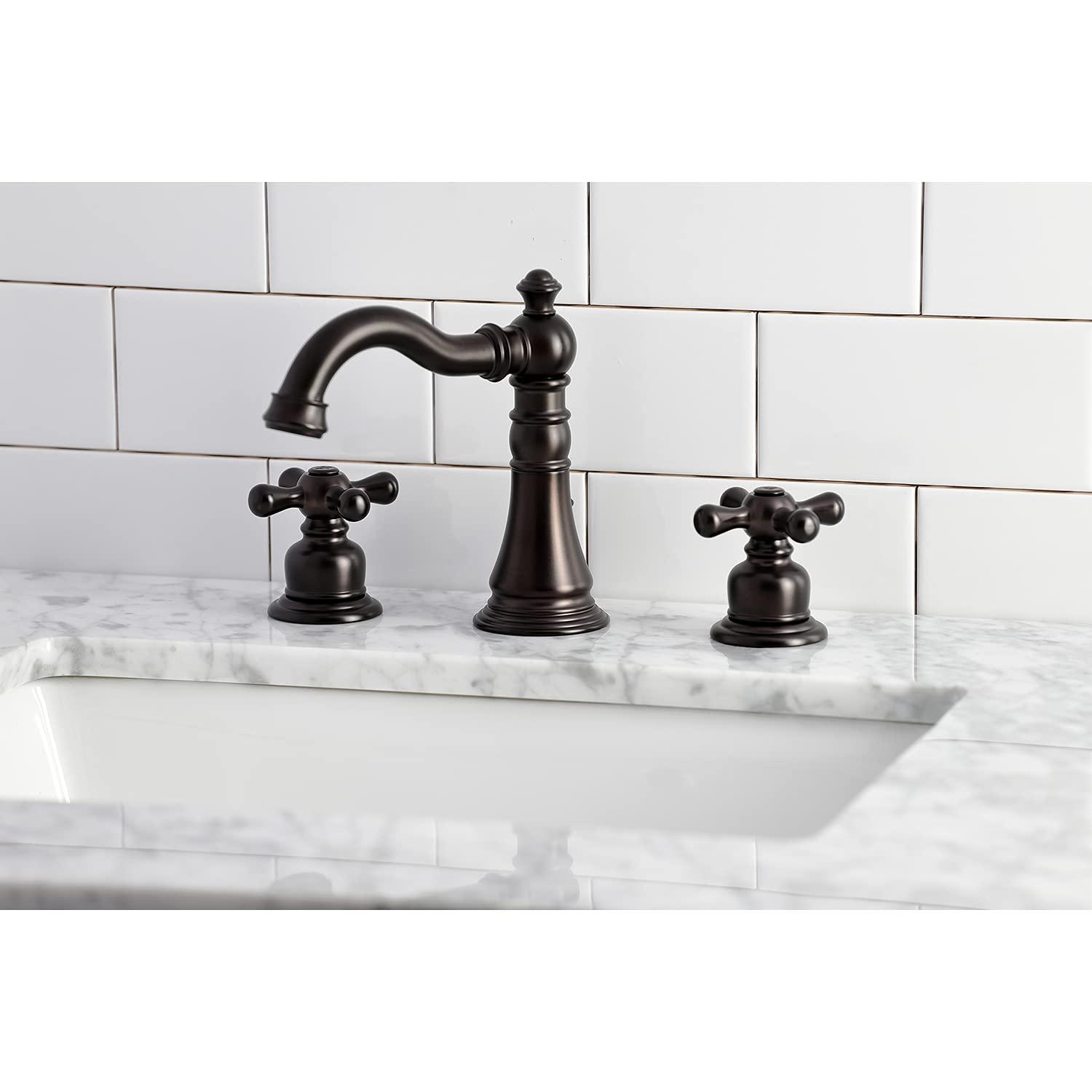 Kingston Brass American Classic Two-Handle 3-Hole Deck Mount Widespread Bathroom Faucet with Pop-Up Drain