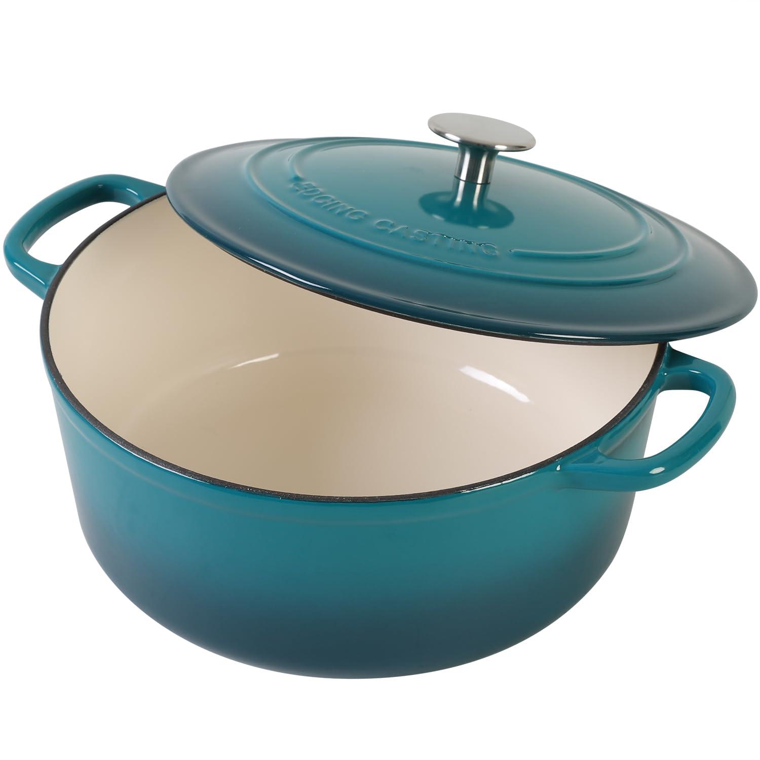 Enameled Cast Iron Dutch Oven Pot with Lid for Bread Baking, Cooking, Round Bread Oven Dual Handles, 7 Quart, Darkcyan