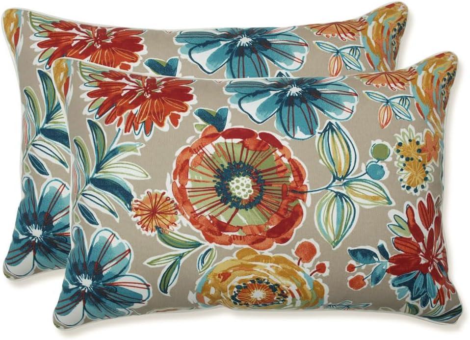 Set of 2 Tan and Multicolor Floral Outdoor Lumbar Pillows