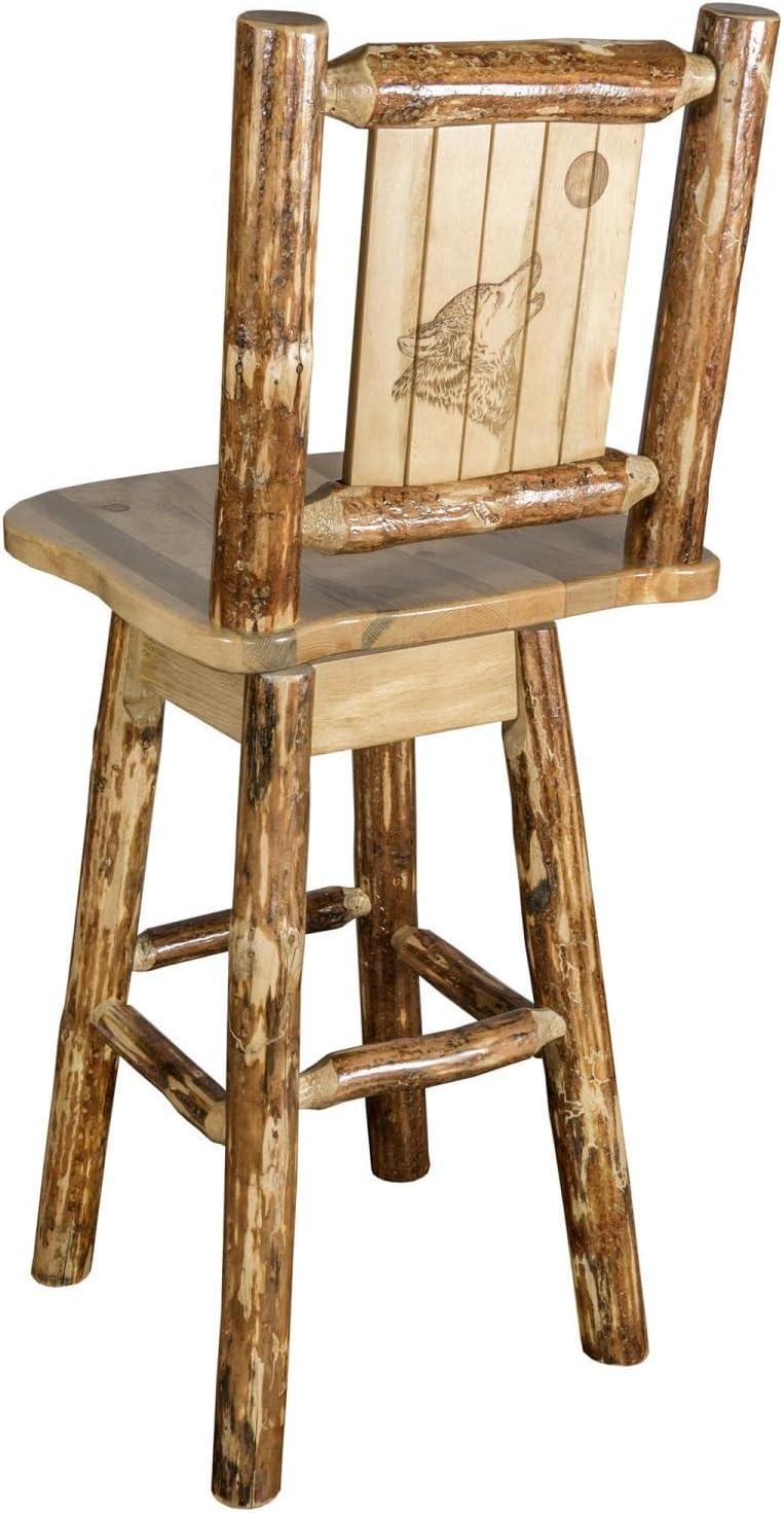 Rustic Lodge Pole Pine Swivel Barstool with Laser-Engraved Wolf