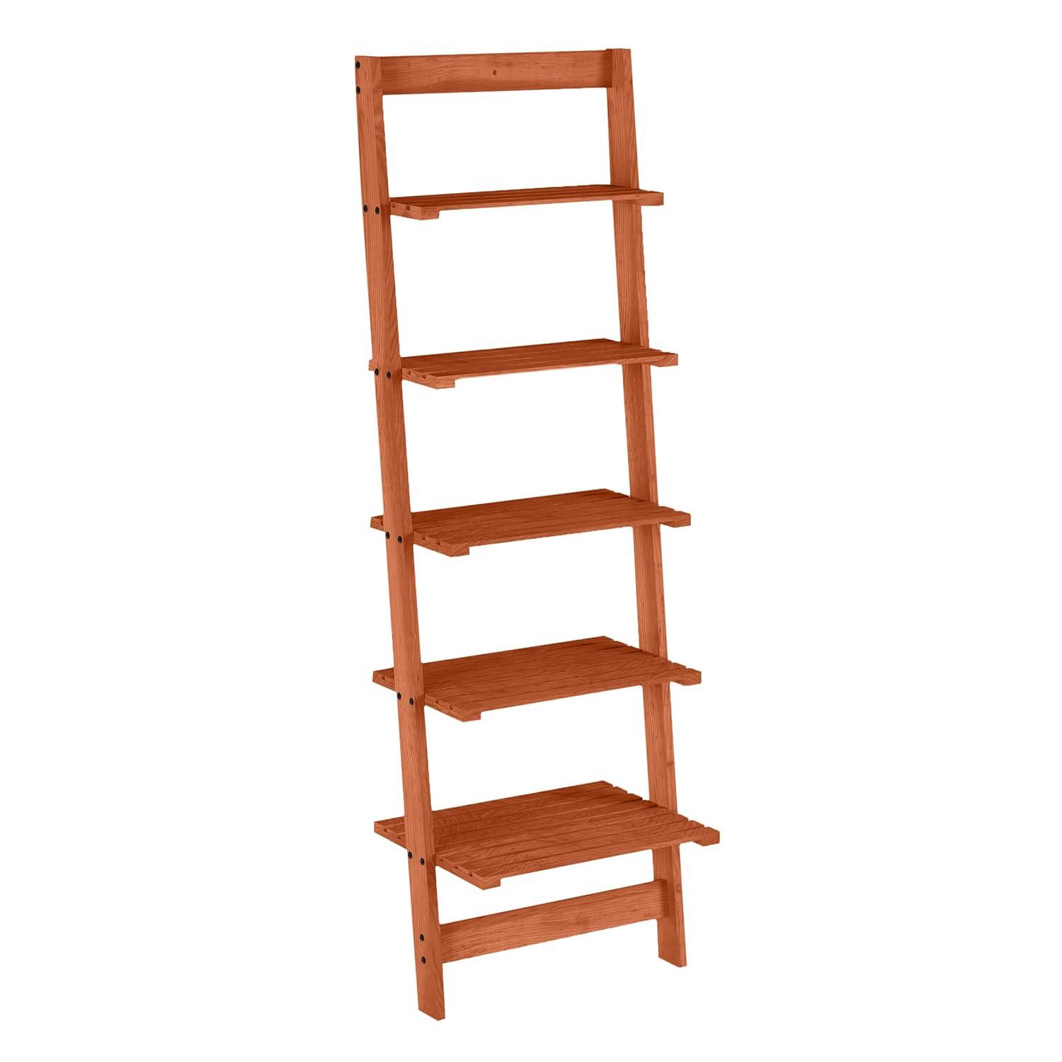 Cherry Painted Wood 5-Tier Leaning Ladder Bookshelf