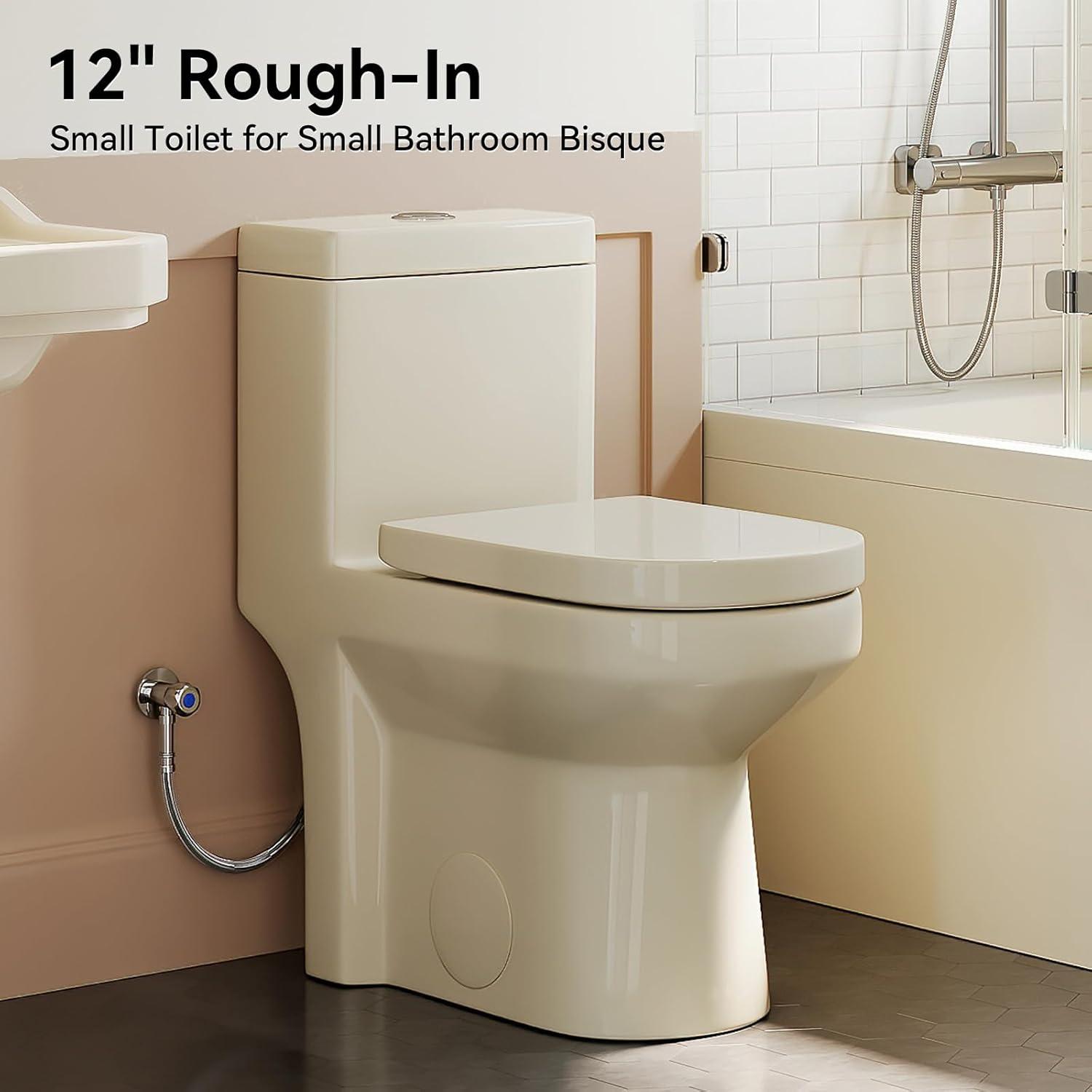 Small Compact One-Piece Toilet, 1.1/1.6 GPF Dual Flush, 12'' Rough-In, Soft Closing Seat, Modern Bisque Design for Small Bathrooms.