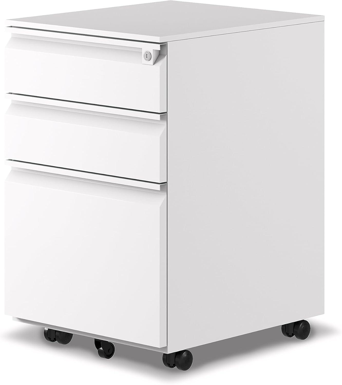 White Mobile 3-Drawer Lockable Filing Cabinet with Wheels