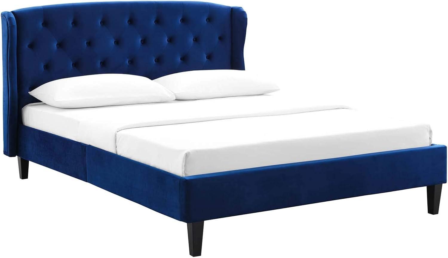 Navy Velvet Tufted Upholstered Queen Bed with Wood Frame