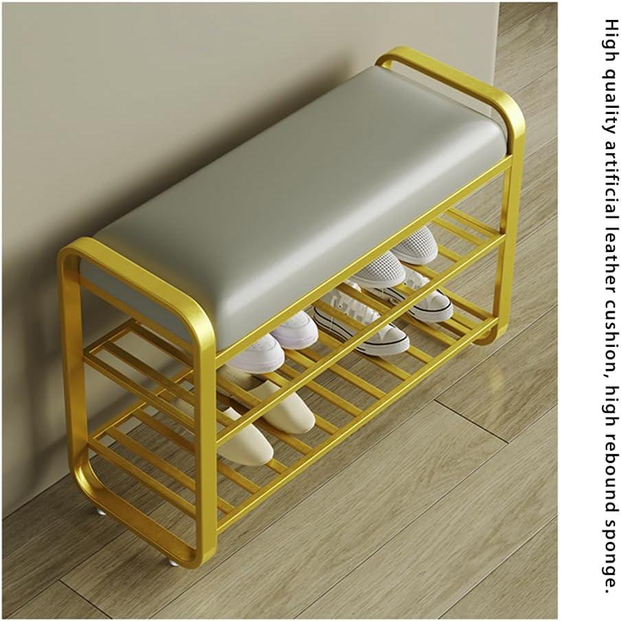 Gold Metal Shoe Storage Bench with Gray Faux Leather Cushion