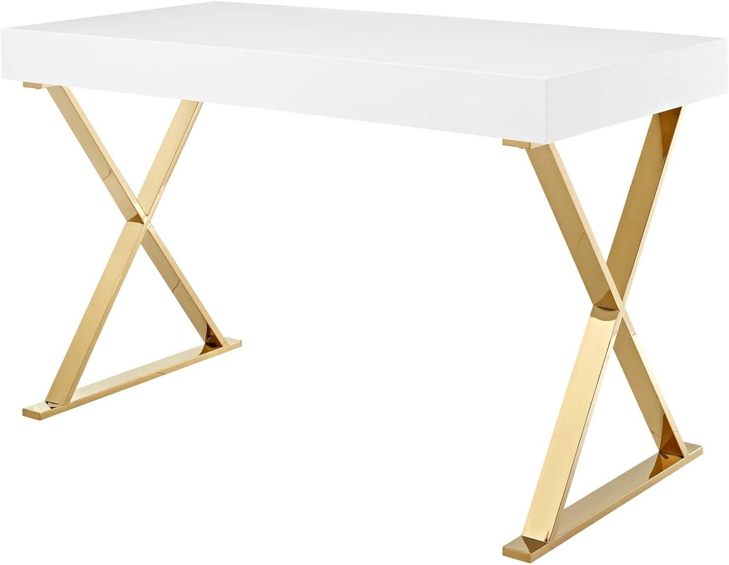 White and Gold X-Base Writing Desk with Drawer