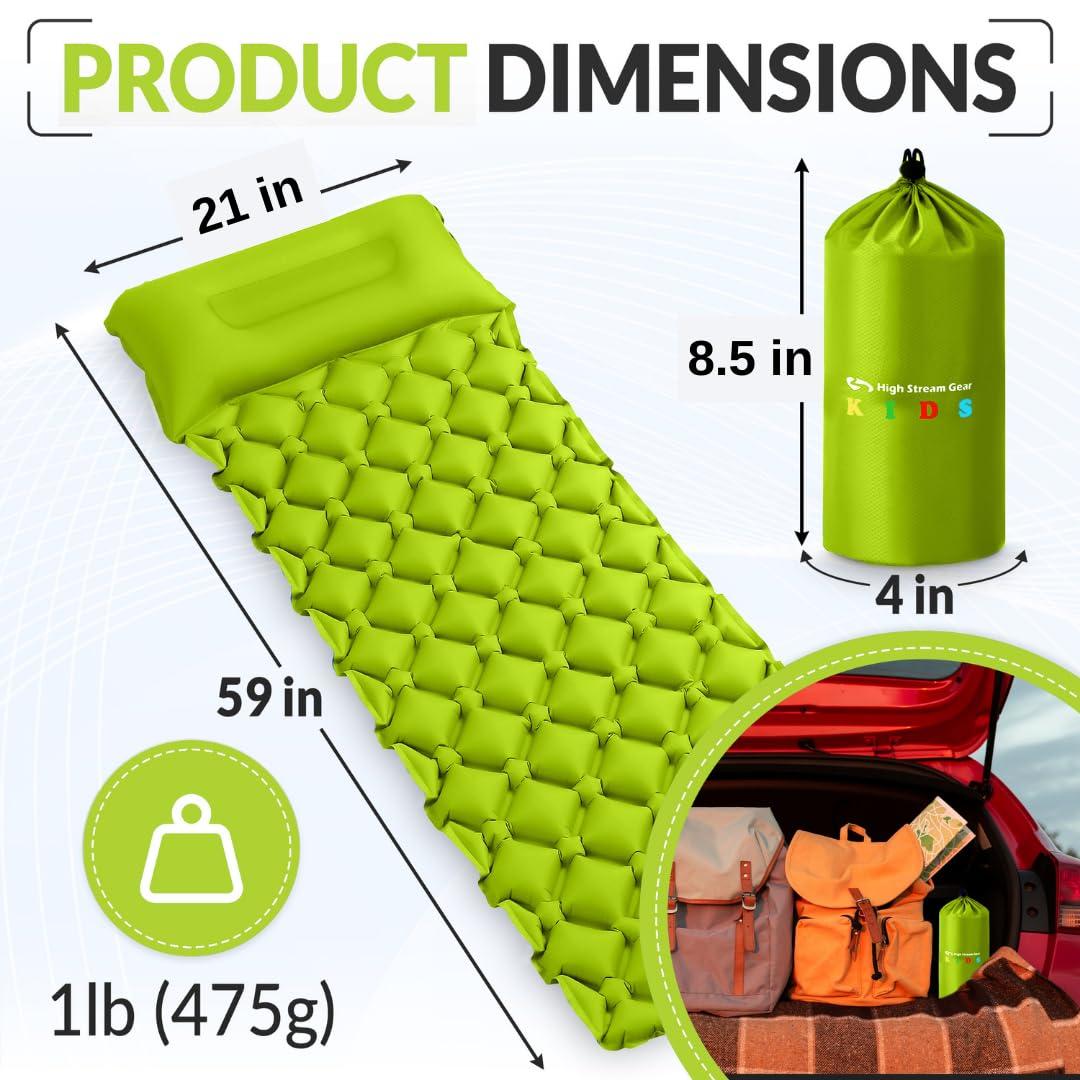 Kids Sleeping Pad for Camping and Sleepovers with Pillow, Inflatable Camping Mattress for Backpacking & Travel, Thick Toddler Cot Mat, Fast Inflating Camping Sleeping Pads for Kids