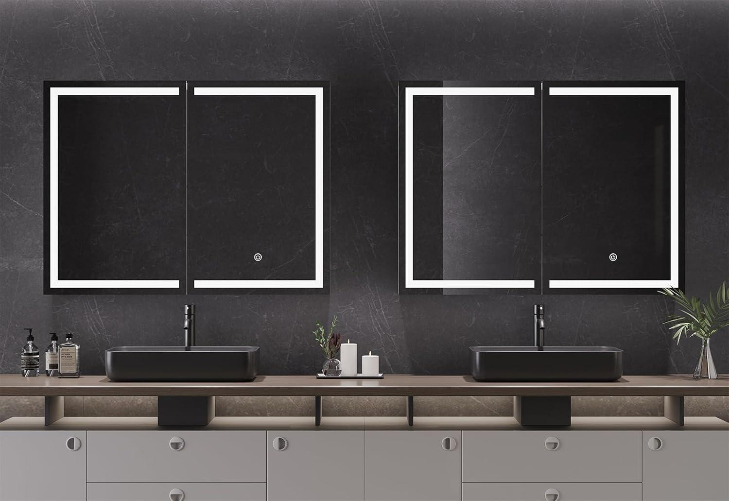 DICTAC Bathroom Medicine Cabinet with Mirror and LED Light, Wall Mounted Bathroom Mirror with Storage, 2 Doors Bathroom Wall Cabinet, Memory Dimmable 3 Color Temp, Adjustable Shelves, 31.5''x23.6''