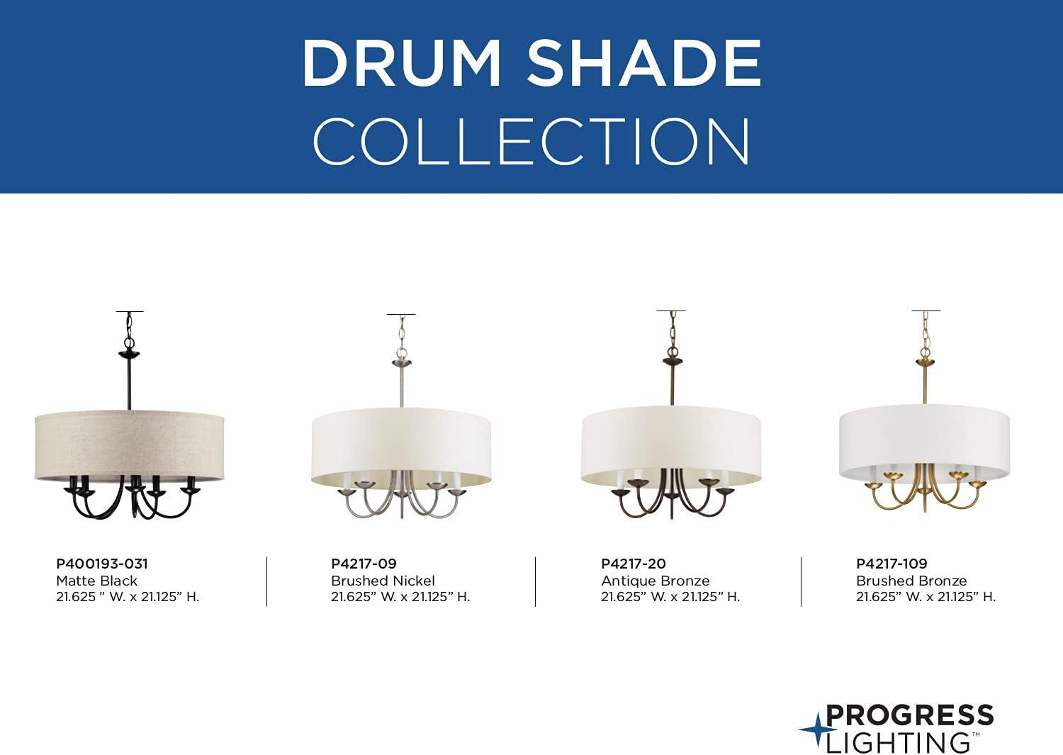 Progress Lighting, Drum Shade Collection, 5-Light Pendant, Black Finish, Harvest Linen Shade