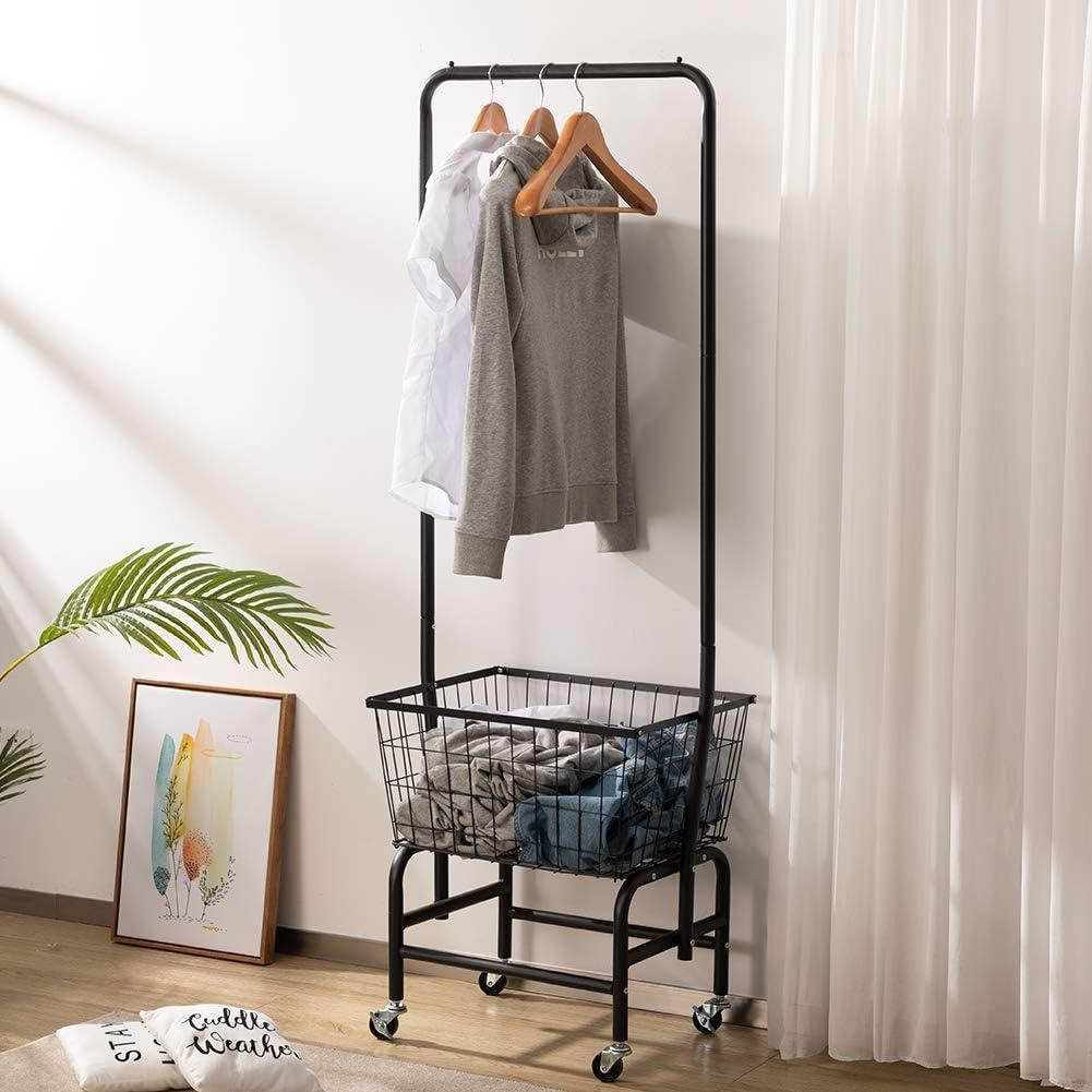 Black Metal Rolling Laundry Cart with Wire Storage Rack