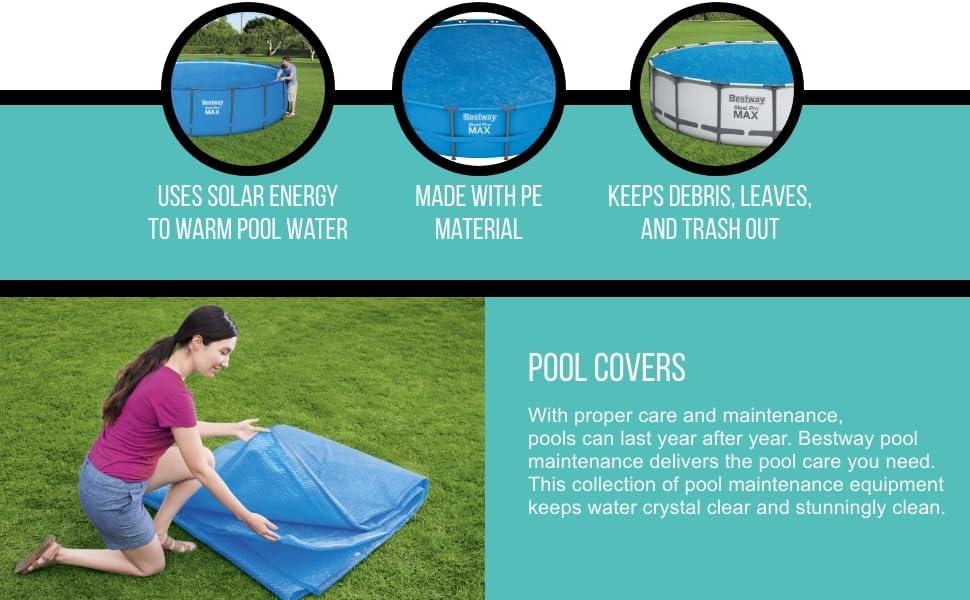 Bestway Flowclear 18 Foot Round Solar Heat Secure Pool Cover for Above Ground Swimming Pools with Storage Bag, Blue (Cover Only)