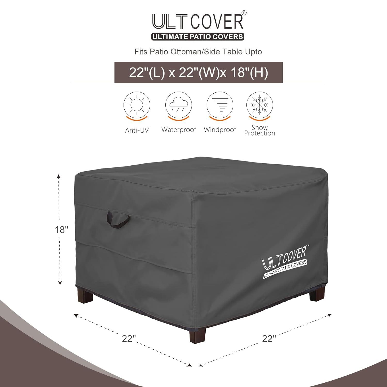 ULTCOVER Waterproof Patio Ottoman Cover Square Outdoor Side Table Furniture Covers Size 22L x 22W x 18H inch, Black