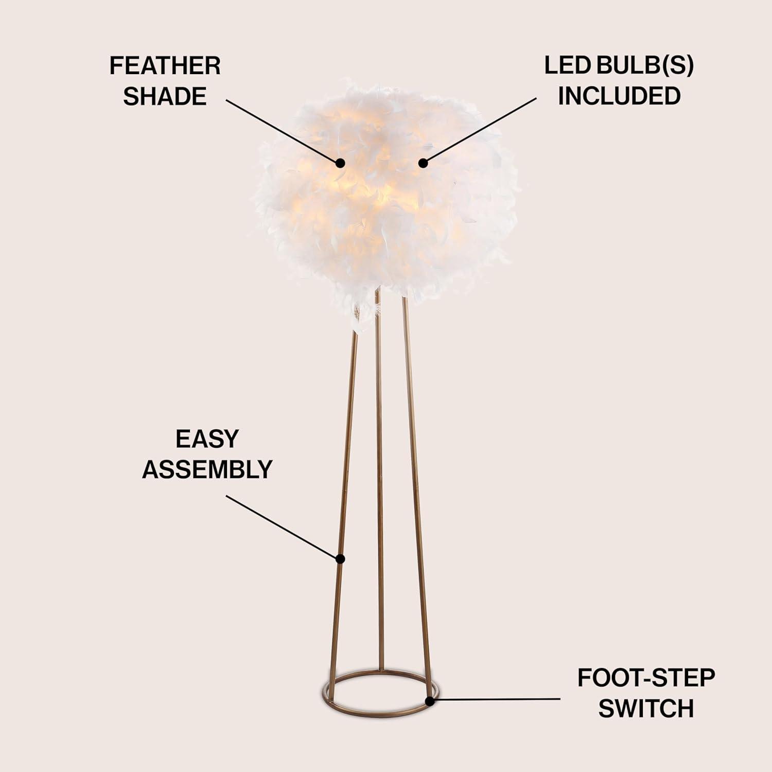 JONATHAN Y JYL9052A Stork 52" Feather Metal LED Floor Lamp, Bohemian, Glam, Modern, Transitional for living room, dinning room, bedroom, office Bulb Included, White/Gold