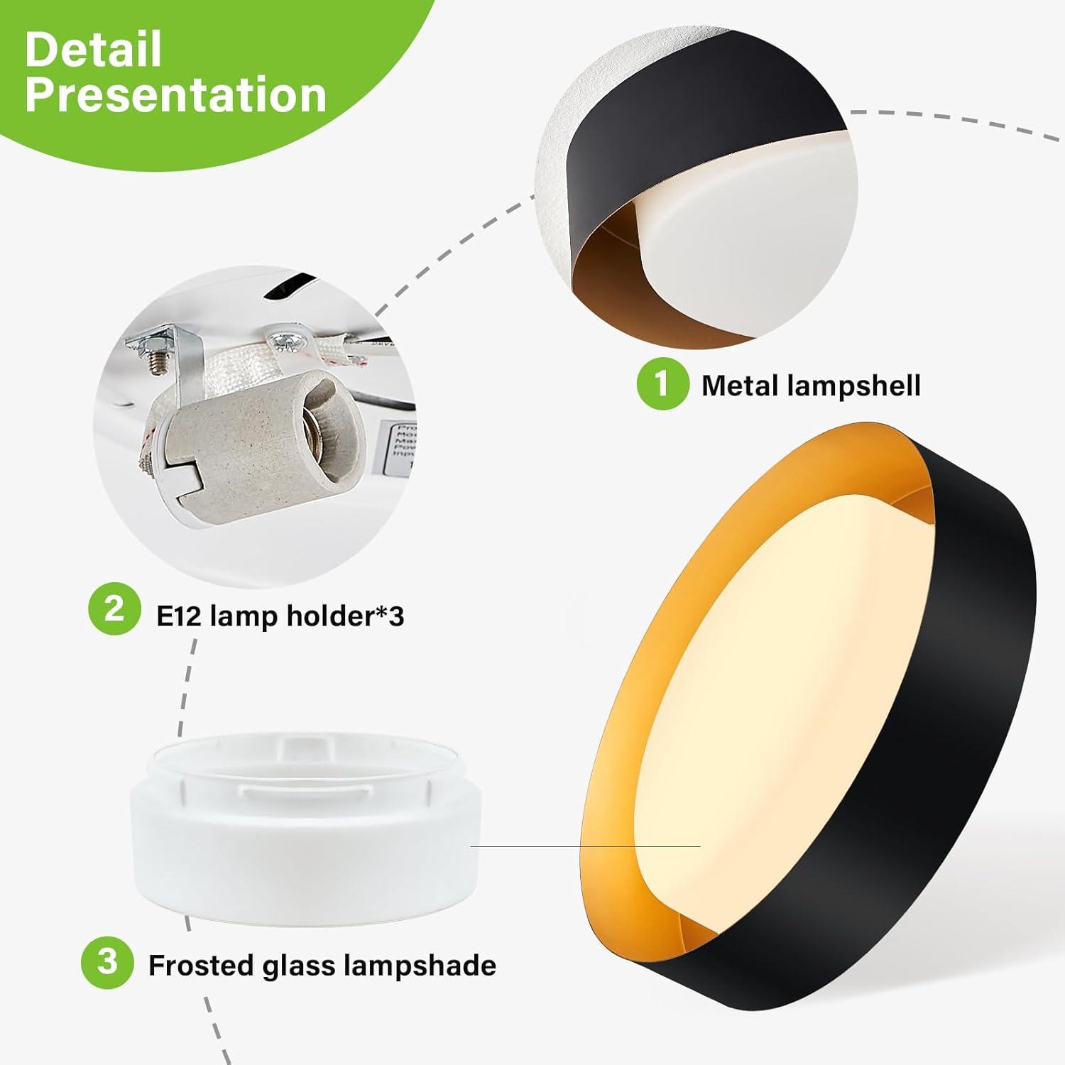 Modern Black and Gold Flush Mount Ceiling Lights, 16.5" Minimalist Glass Round Ceiling Lighting, Drum Close to Ceiling Light Fixtures for Living Room, Bedroom, Dining Room, Kitchen, Hallways