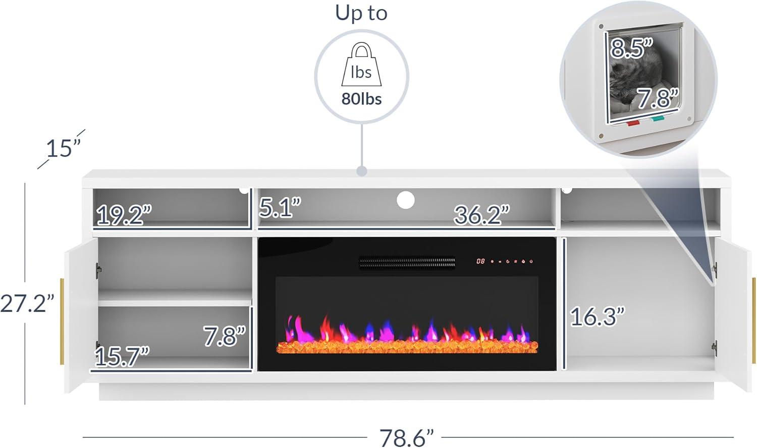 Ivy Bronx Modern 79" Fireplace TV Stand for TVs Up to 85" with Cat Litter Box,LED Light Entertainment Center With 36" Electric Fireplace and Graphene Heating