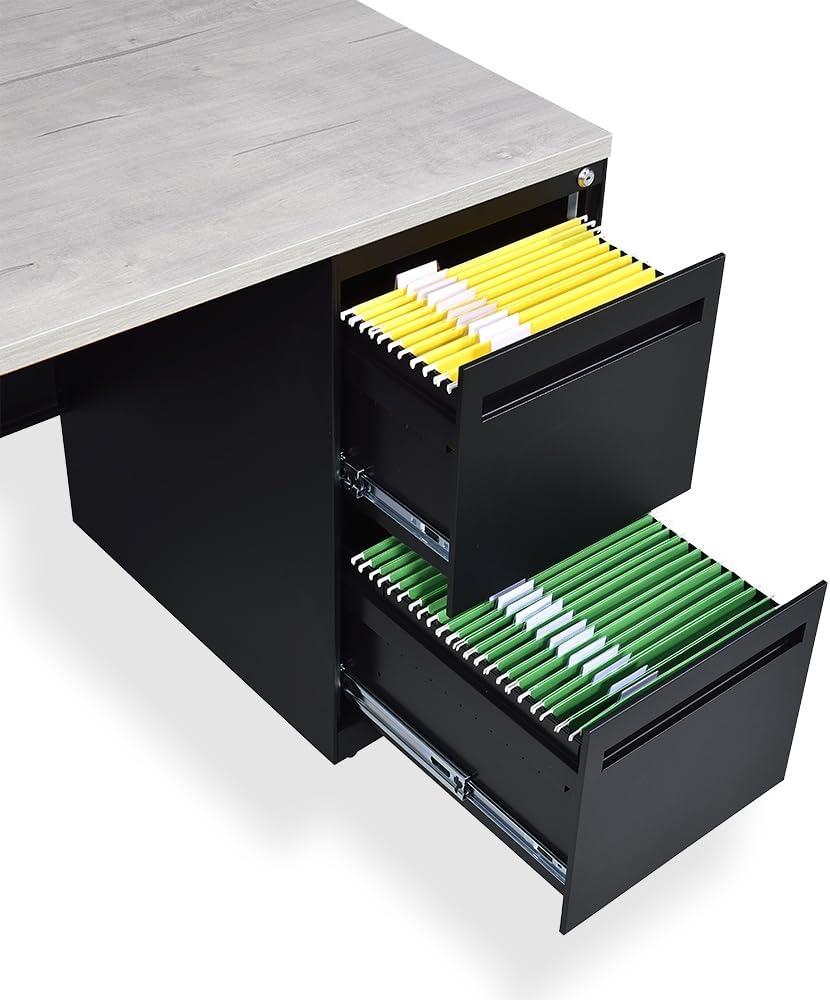 Oak and Black L-Shaped Executive Desk with Filing Cabinet