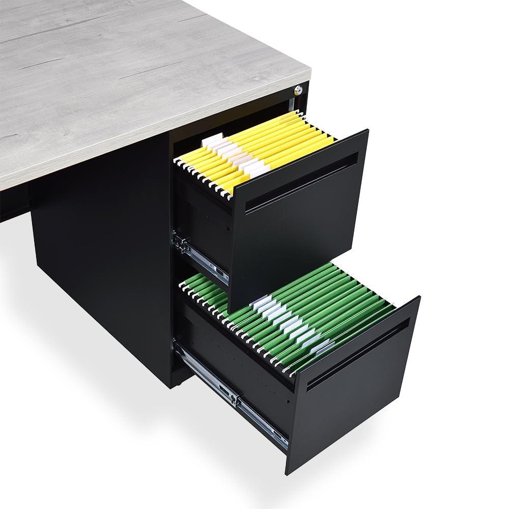 Oak and Black L-Shaped Executive Desk with Filing Cabinet