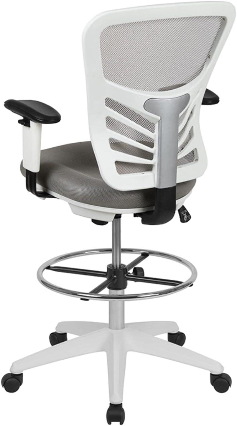 ErgoFlex Light Gray Mesh Drafting Chair with White Frame and Chrome Accents