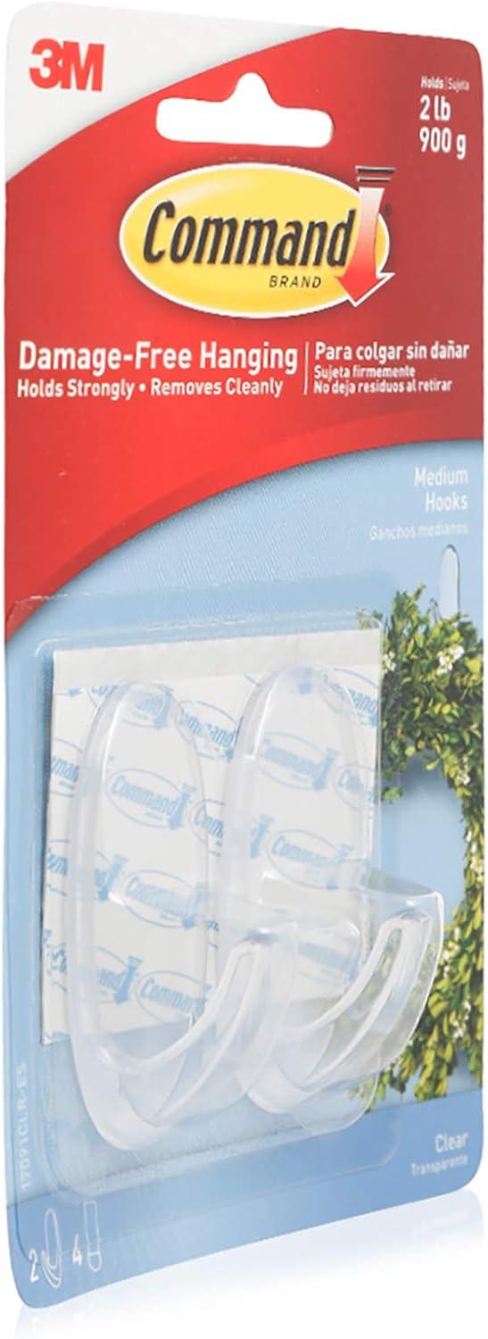 Command Medium Sized Decorative Hooks Clear: Adhesive Hooks for Wreaths, Outdoor Use, 2 Pack, 2 lb Capacity