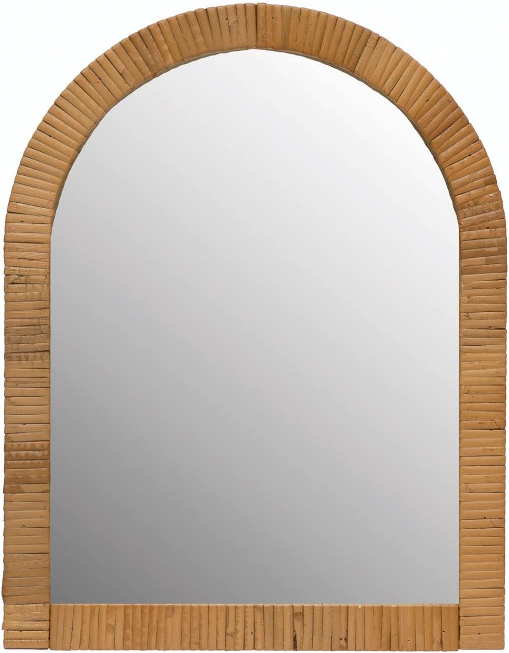 Arched Boho Rattan and Wood Framed Wall Mirror