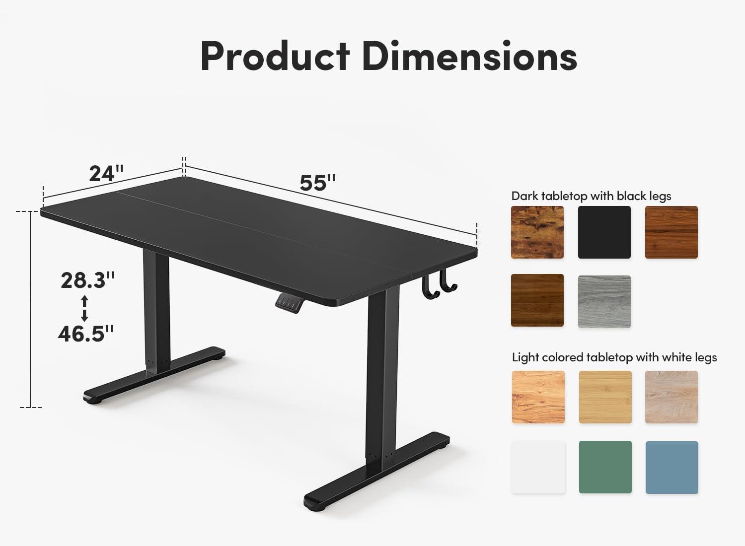 edx Electric Standing Desk, Height Adjustable Desk, 55 x 24 Inches Ergonomic Stand up Desk with Memory Preset and T-Shaped Metal Bracket for Home Office