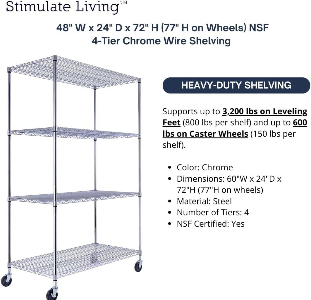 48"x24"x72" Prime Heavy Duty Black 4-Tier Wire Shelving NSF 3200 LBS MAX Capacity Storage Rack for Commercial, Hospital, School, Garage, and Kitchen Uses (with Wheels)