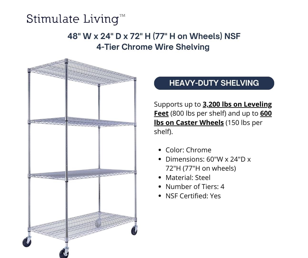 48"x24"x72" Prime Heavy Duty Black 4-Tier Wire Shelving NSF 3200 LBS MAX Capacity Storage Rack for Commercial, Hospital, School, Garage, and Kitchen Uses (with Wheels)