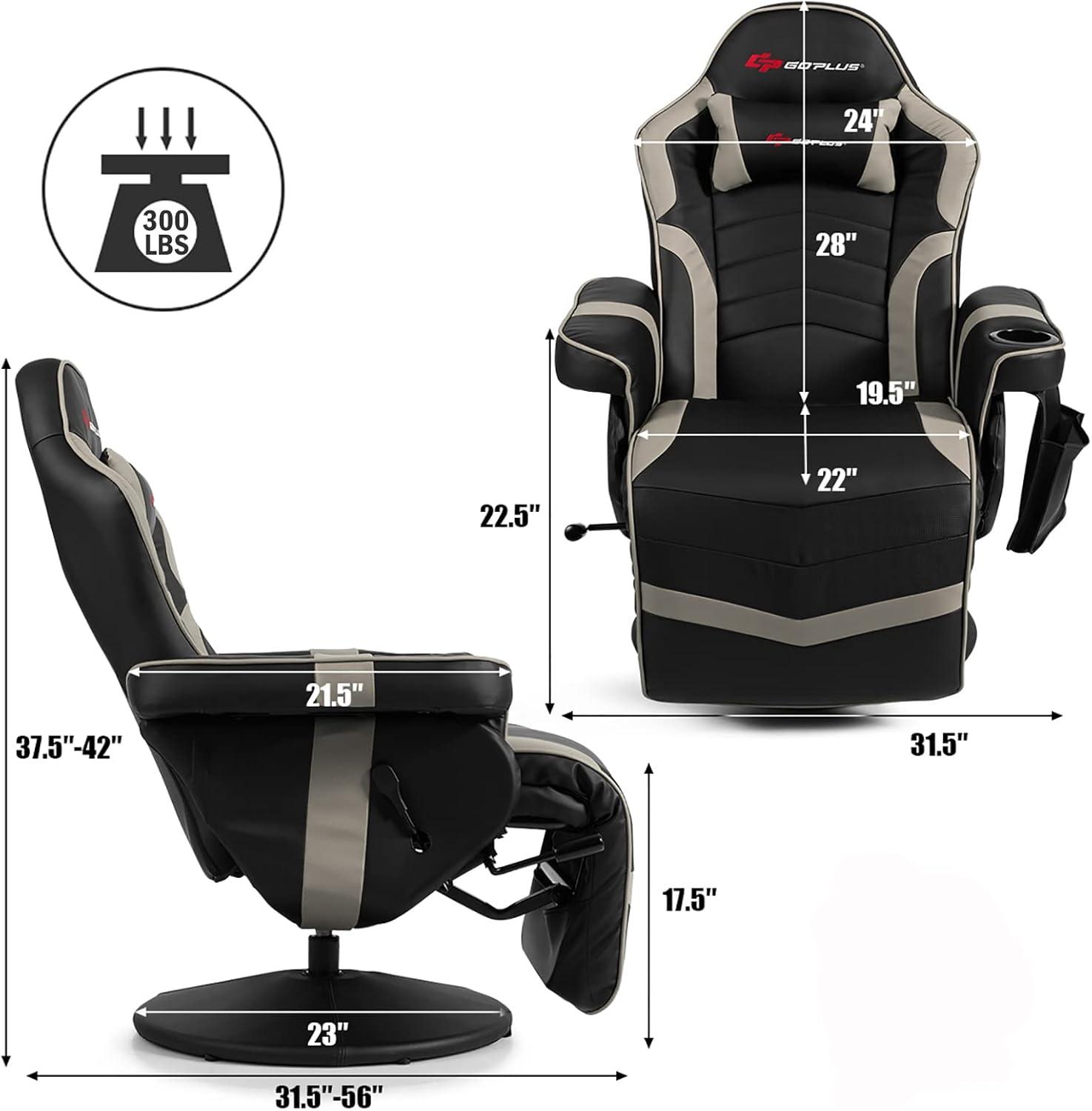 Costway Massage Gaming Recliner Reclining Racing Chair Swivel Gray