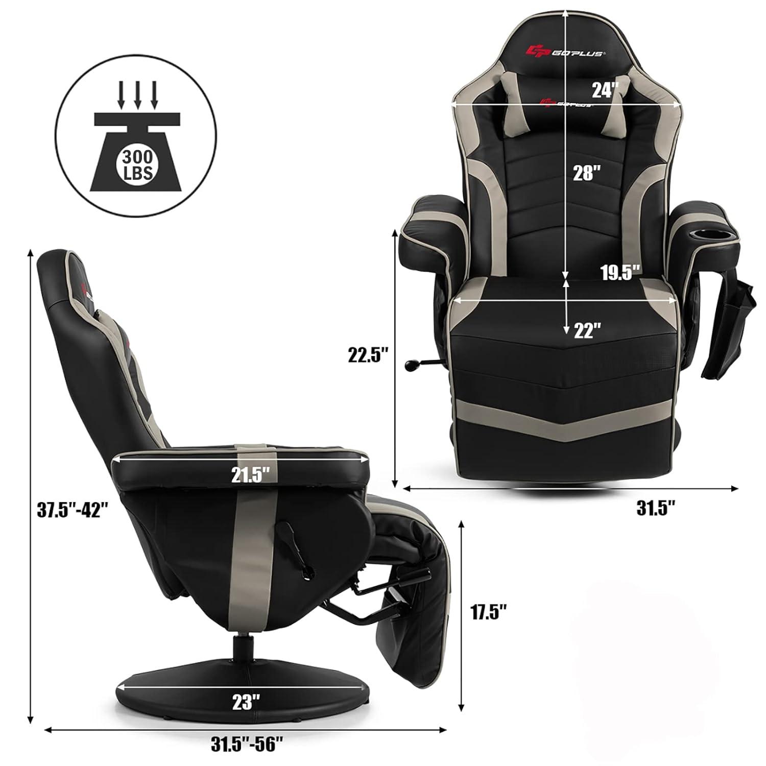 Costway Massage Gaming Recliner Reclining Racing Chair Swivel Gray