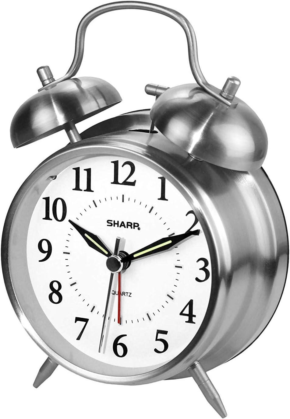 SHARP Twin Bell Quartz Analog Alarm Clock, Silver Brushed Metal, Loud Alarm, Battery Operated