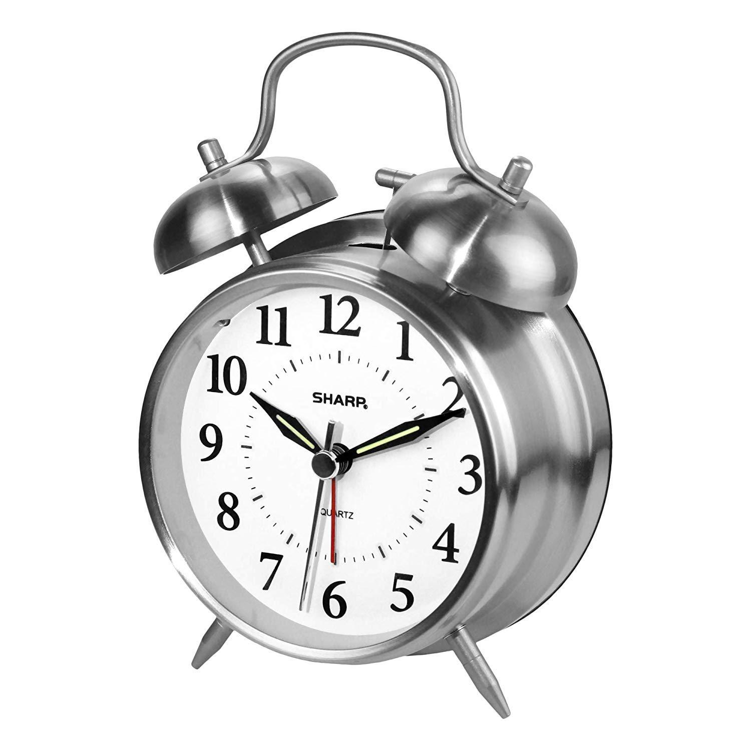 SHARP Twin Bell Quartz Analog Alarm Clock, Silver Brushed Metal, Loud Alarm, Battery Operated