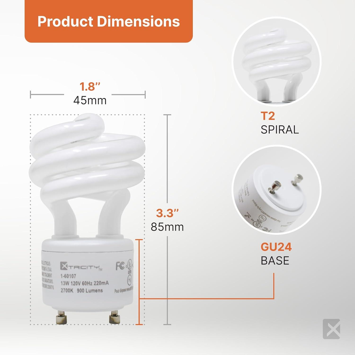 Xtricity Compact Fluorescent GU24 2 Prong Light Bulb Base, T2 Mini Spiral, 13W (60 Watt Equivalent), 2700k Soft White, 900 Lumens, CFL, 120V, UL Listed (2 Pack)