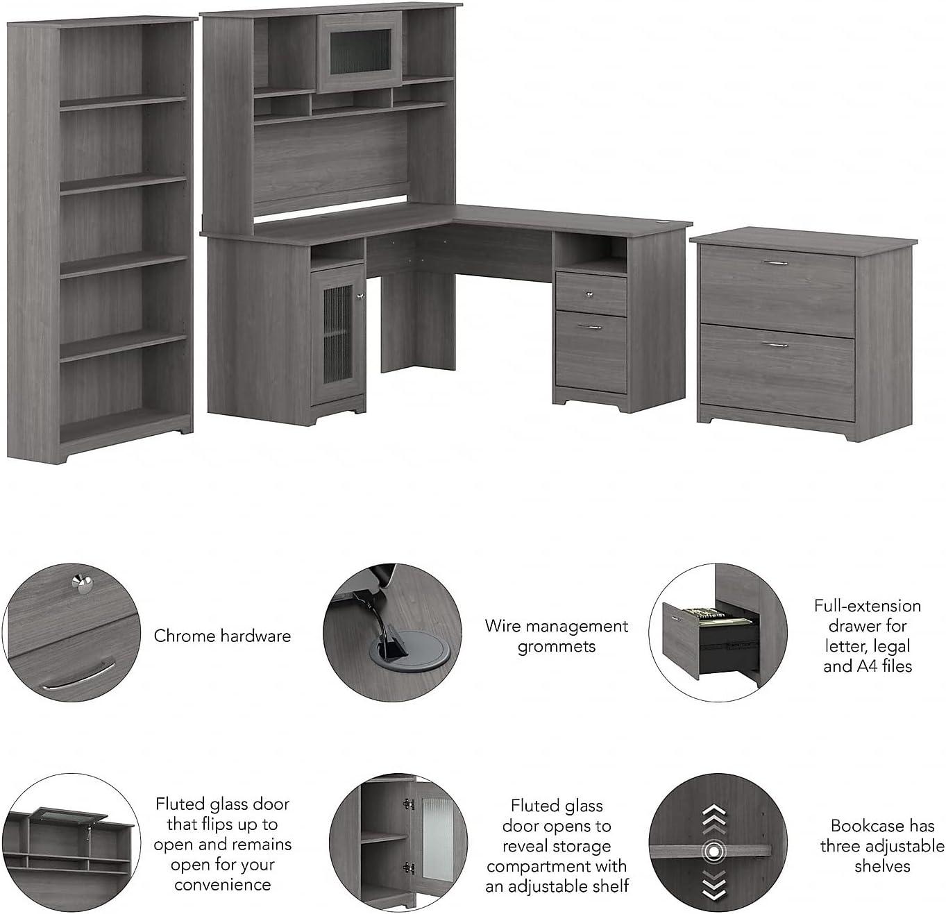 Modern Gray Engineered Wood L-Shaped Desk with Hutch and Storage
