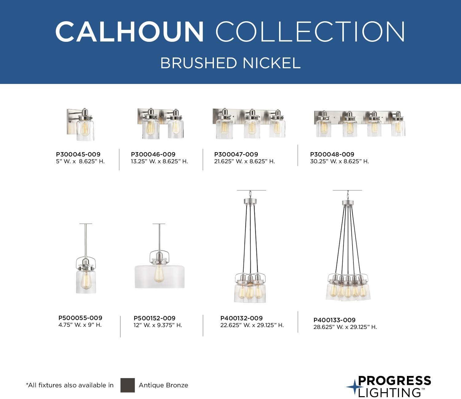 Calhoun Collection Three-Light Brushed Nickel Clear Glass Farmhouse Bath Vanity Light