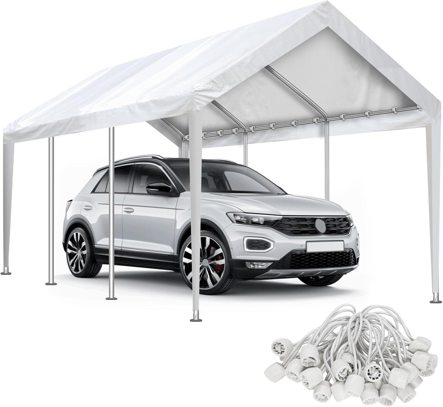 White 10'x20' Waterproof UV-Resistant Carport Canopy Cover with Bungee Cords