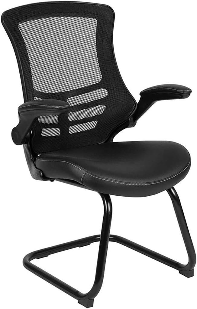 Flash Furniture Kelista Black Mesh Sled Base Side Reception Chair with White Stitched LeatherSoft Seat and Flip-Up Arms