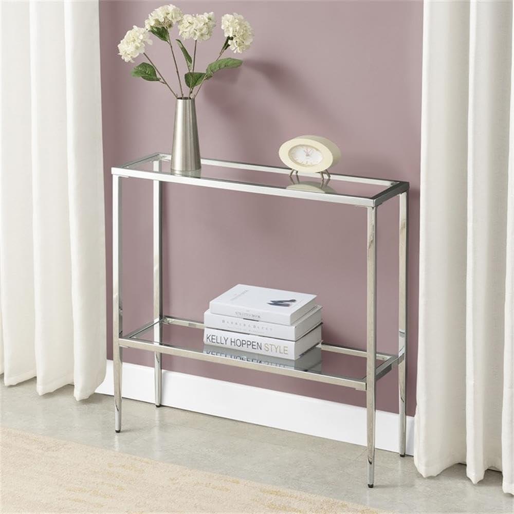 Nadia Chrome Metal Entryway Hall Table with Glass Shelf and Top