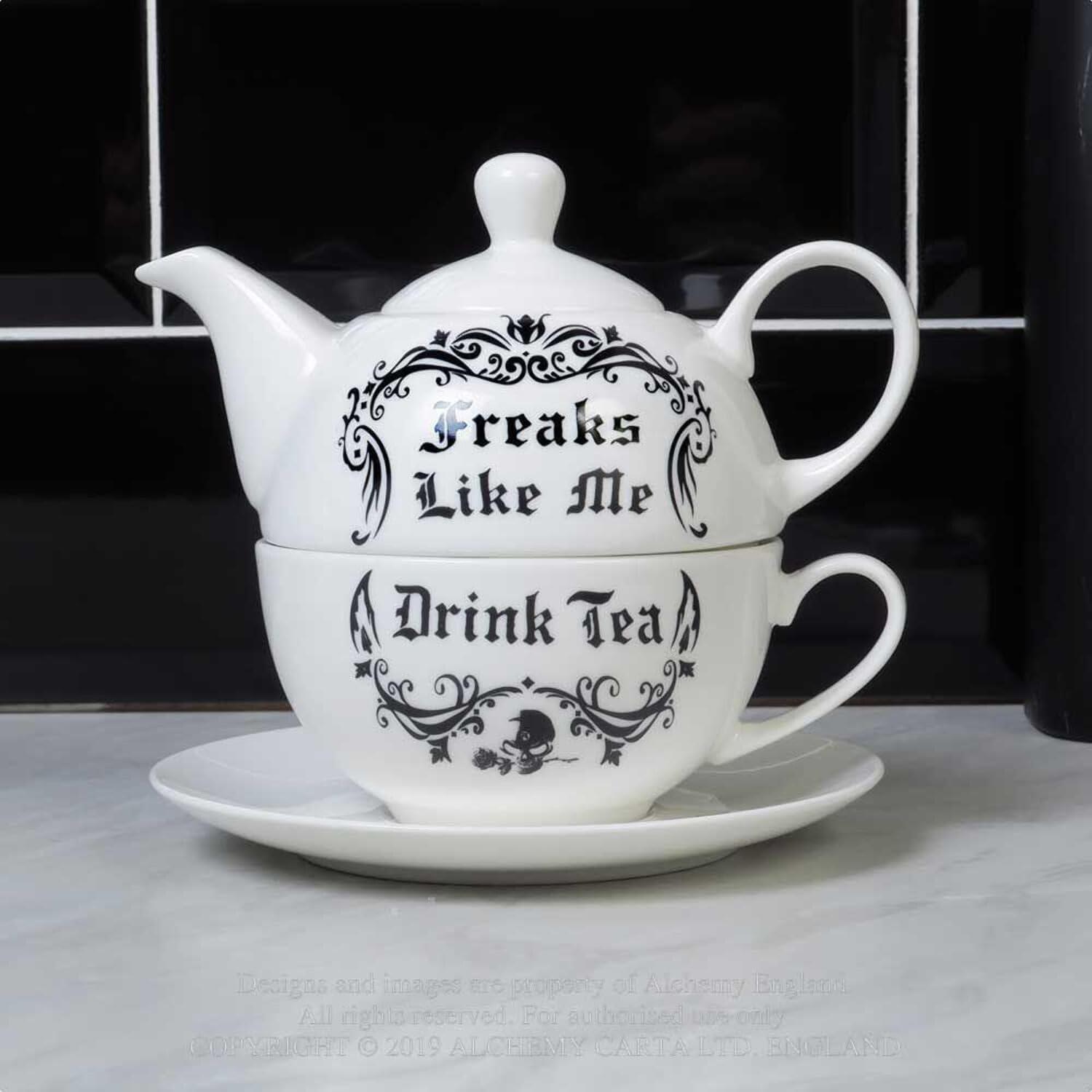6.5 in. Freaks Like Me Drink Tea Set, White & Black - 3 Piece