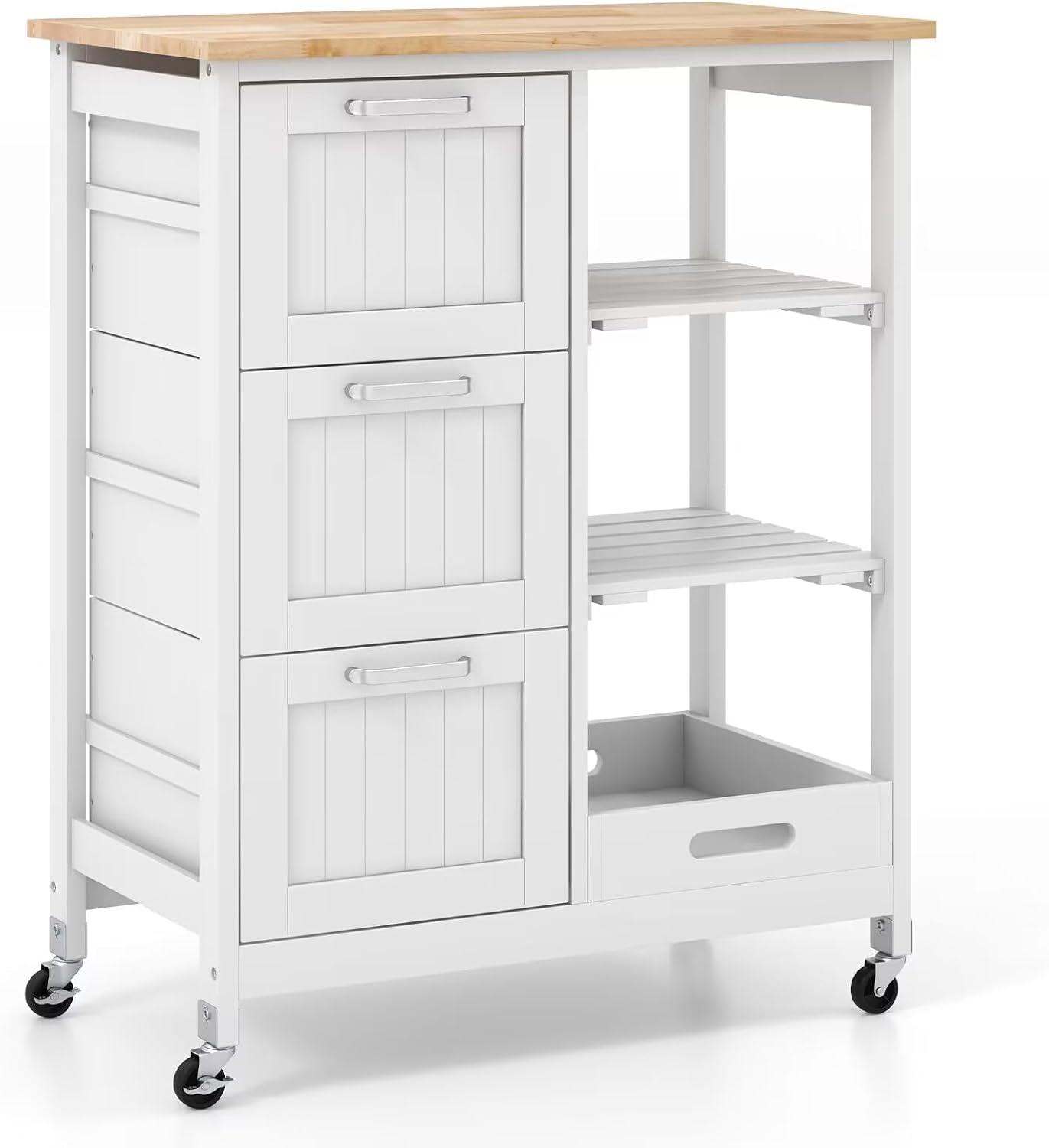 Kitchen Storage Island Cart on Wheels, Kitchen Rolling Trolley Cart with 3 Drawers and Shelves, 360° Wheels & Detachable Tray, Kitchen Island for Dining Room, Living Room & Bedroom