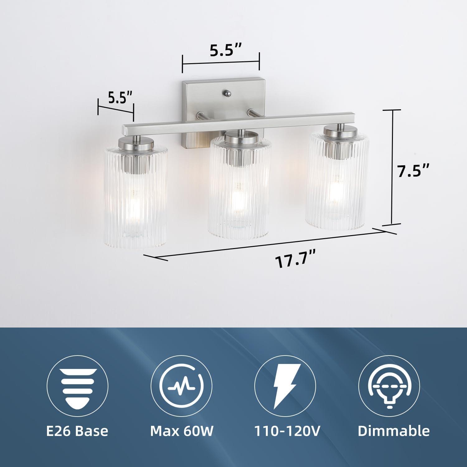 Brushed Nickel 3-Light Bathroom Vanity with Textured Glass Shades