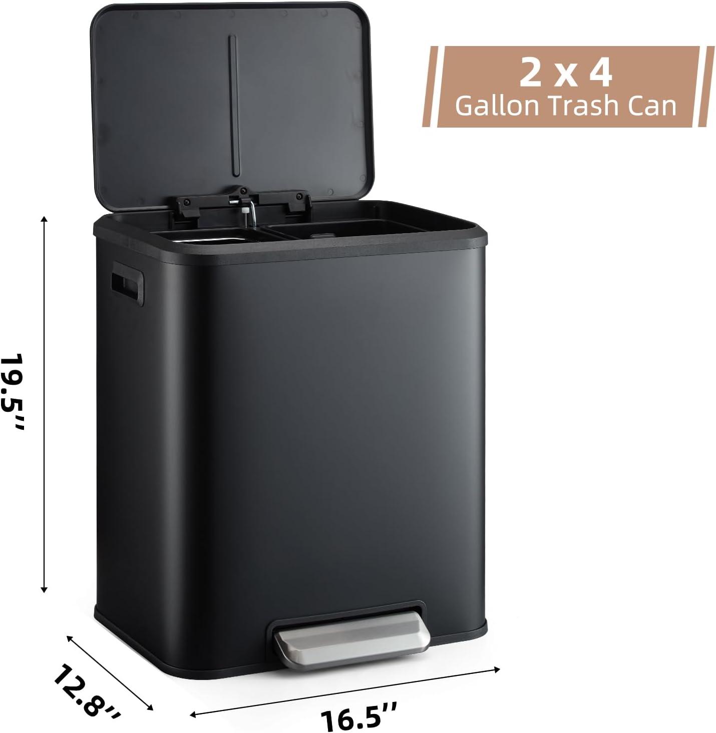 8 Gallon Kitchen Trash Can, Recycle Trash Can with Dual Removable Liners, Stainless Steel Dual Trash and Recycling Bin (4 + 4 for 8 Gallon Total), Rectangle, Black