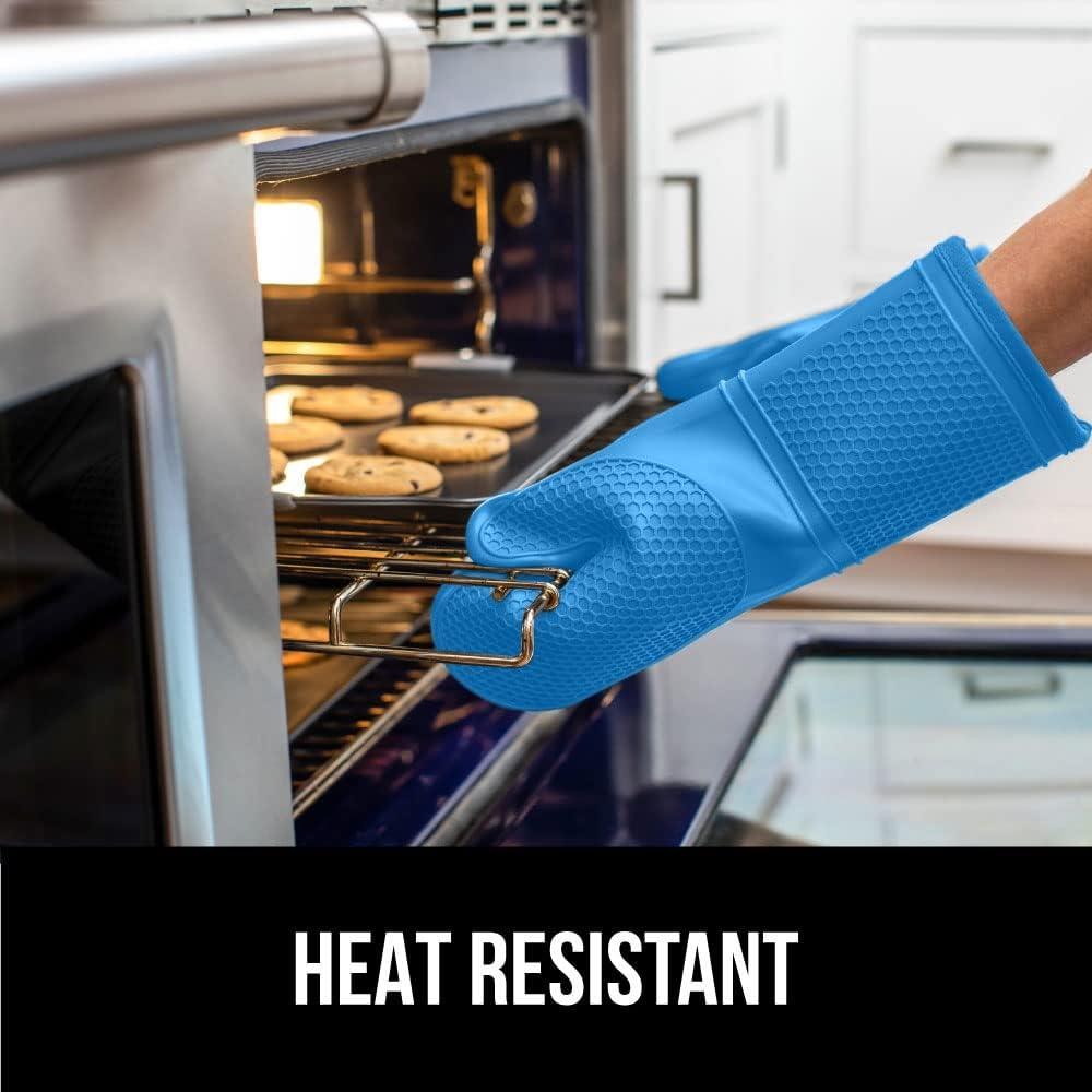 Gorilla Grip Heat and Slip Resistant Silicone Oven Mitts, Waterproof, BPA-Free Cotton-Lined Mitt Set of 2, 12.5 IN, Aqua