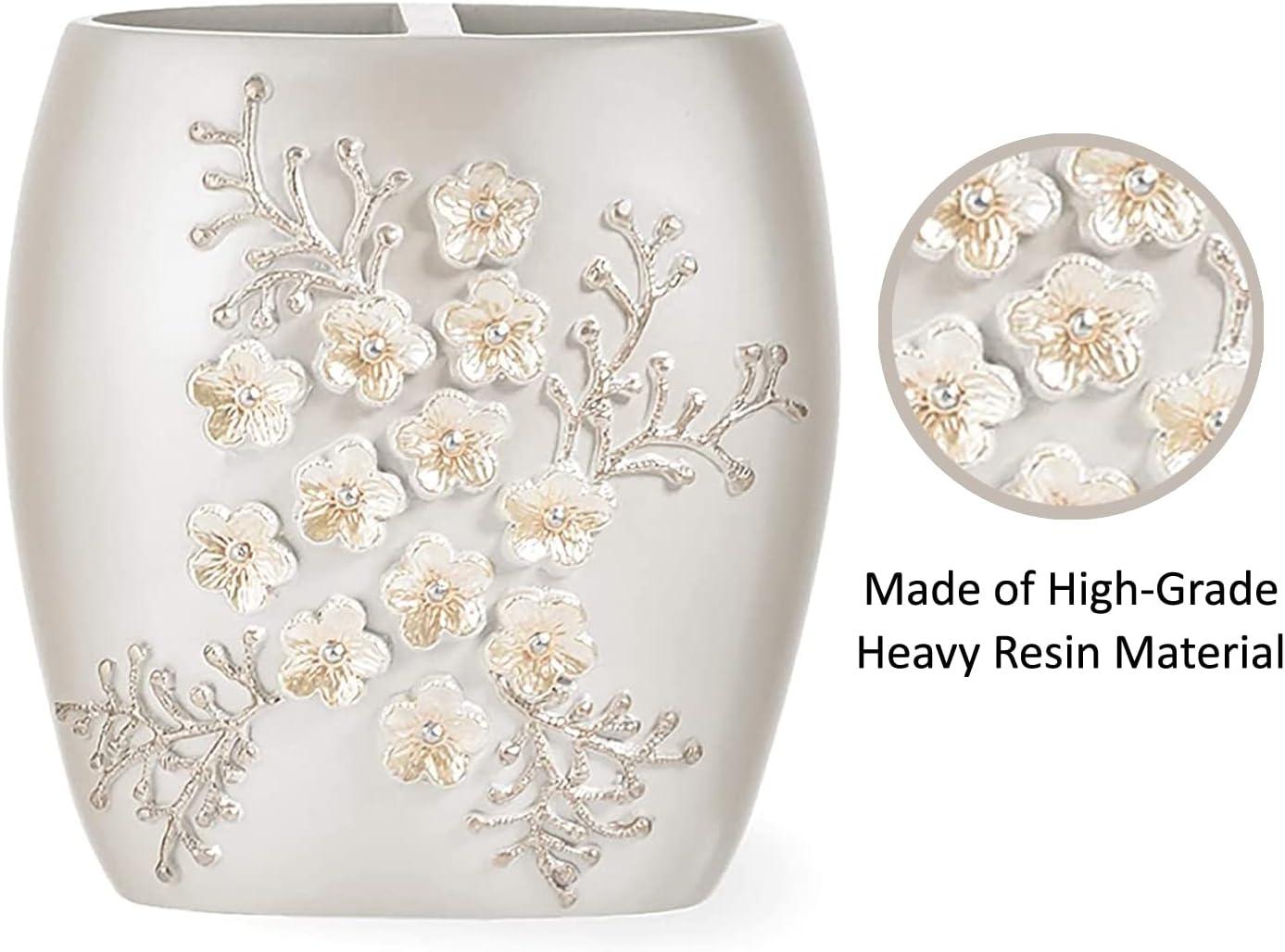 Beige Floral Resin Freestanding Toothbrush Holder