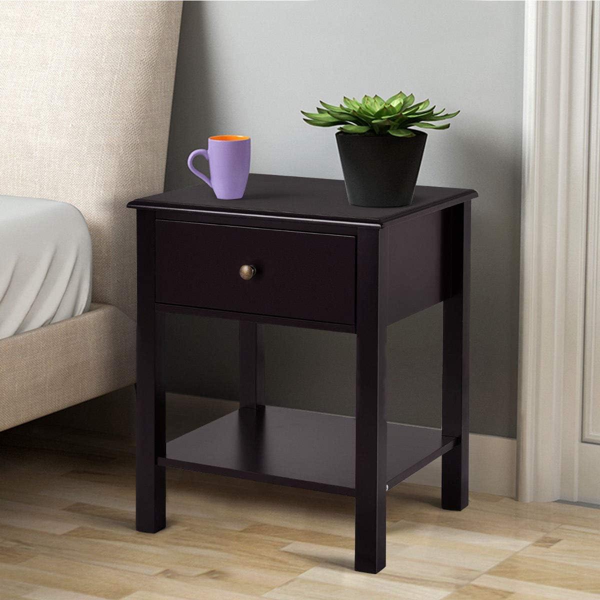 Tangkula End Table Nightstand w/Drawer & Shelf Bedroom Living Room Furniture Brown