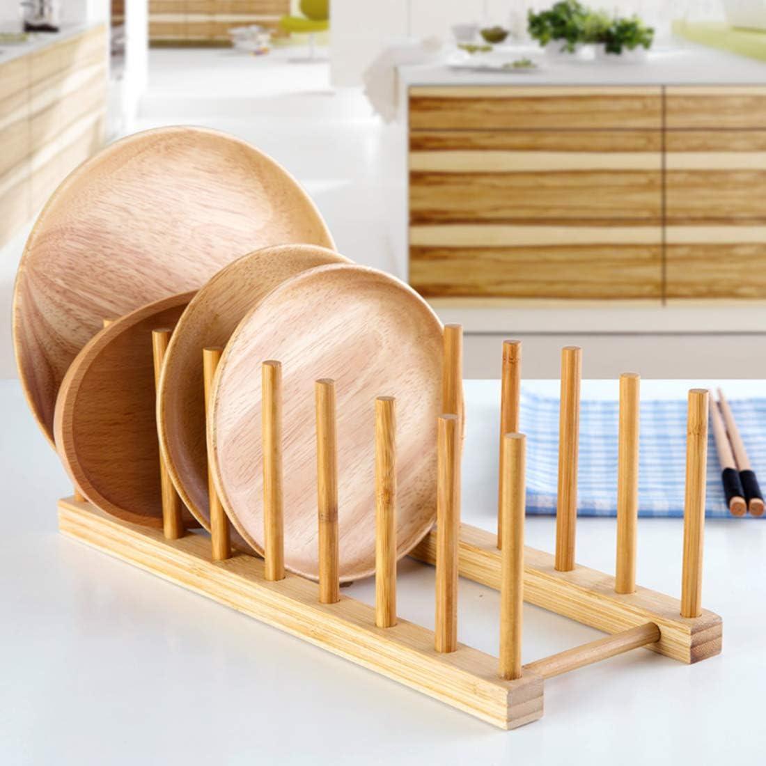 4Pcs Bamboo Dish Plate Bowl Cup Book Pot Lid Cutting Board Drying Rack Stand Drainer Storage Holder Organizer Kitchen Cabinet