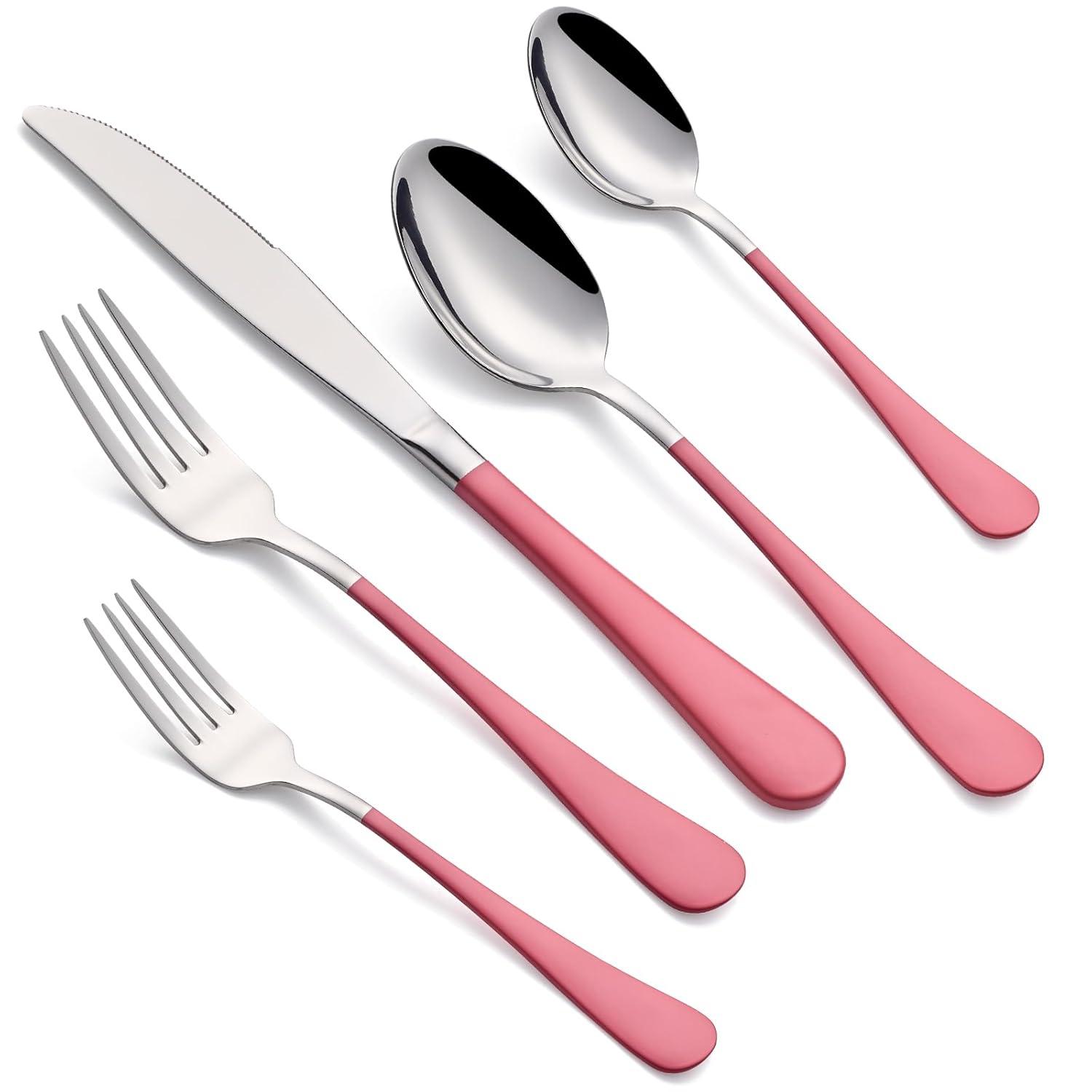 20-Piece Pink Silverware Set for 4, 18/0 Stainless Steel Flatware Cutlery Utensils Set, Include Dinner Knives,Dinner Forks,Dinner Spoons,Salad Forks,Teaspoons,Dishwasher Safe
