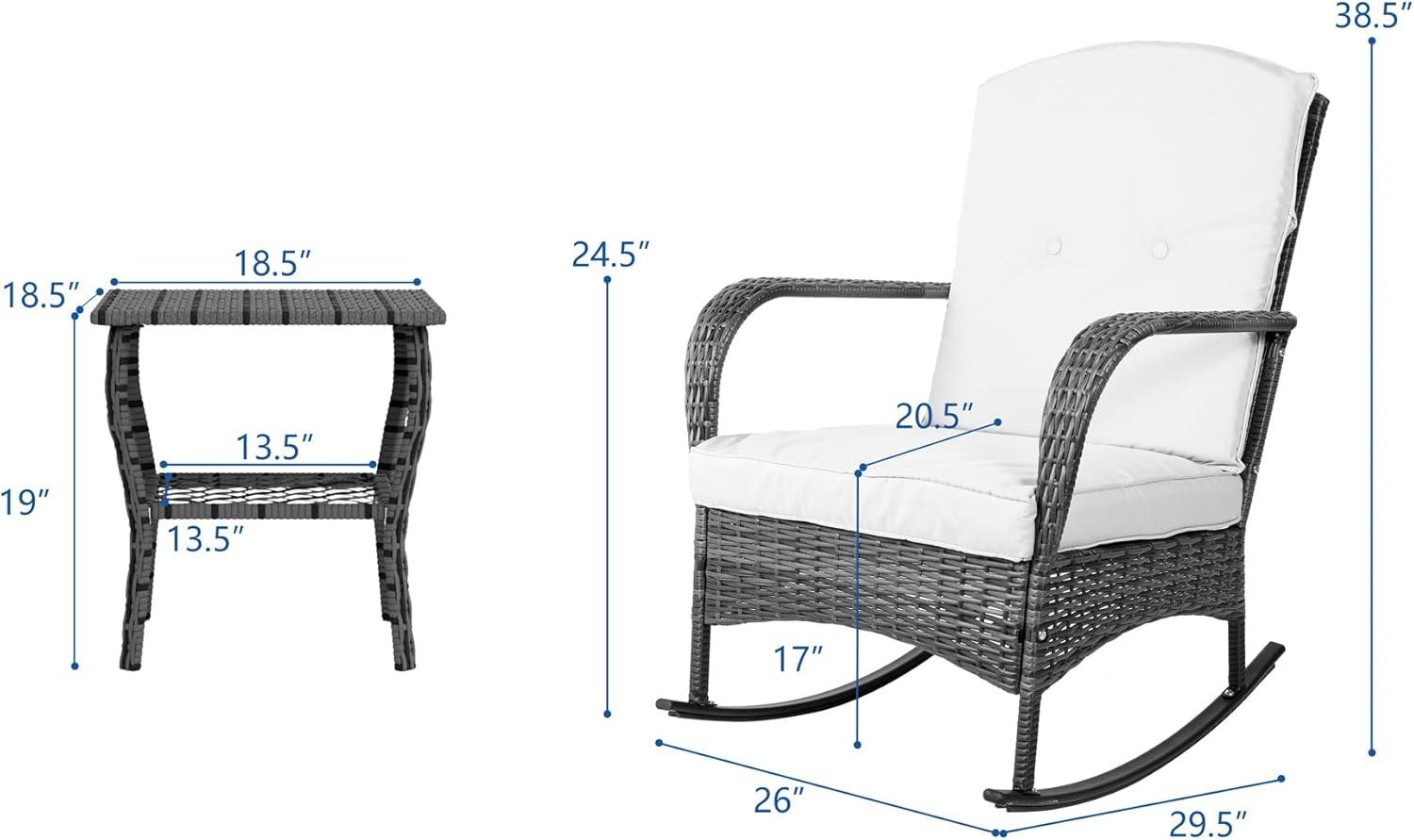 3 Pieces Patio Conversation Set, Outdoor Rocking Chair, Wicker Bistro Set, Outdoor Furniture with Porch Chairs and Coffee Table for Deck Garden Poolside, Beige